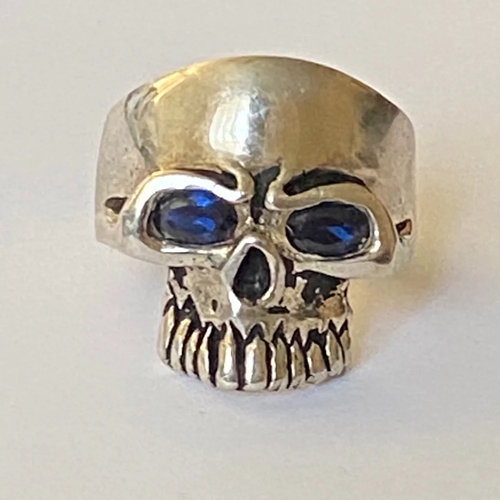925 sterling silver skull biker ring blue cz stones eyes